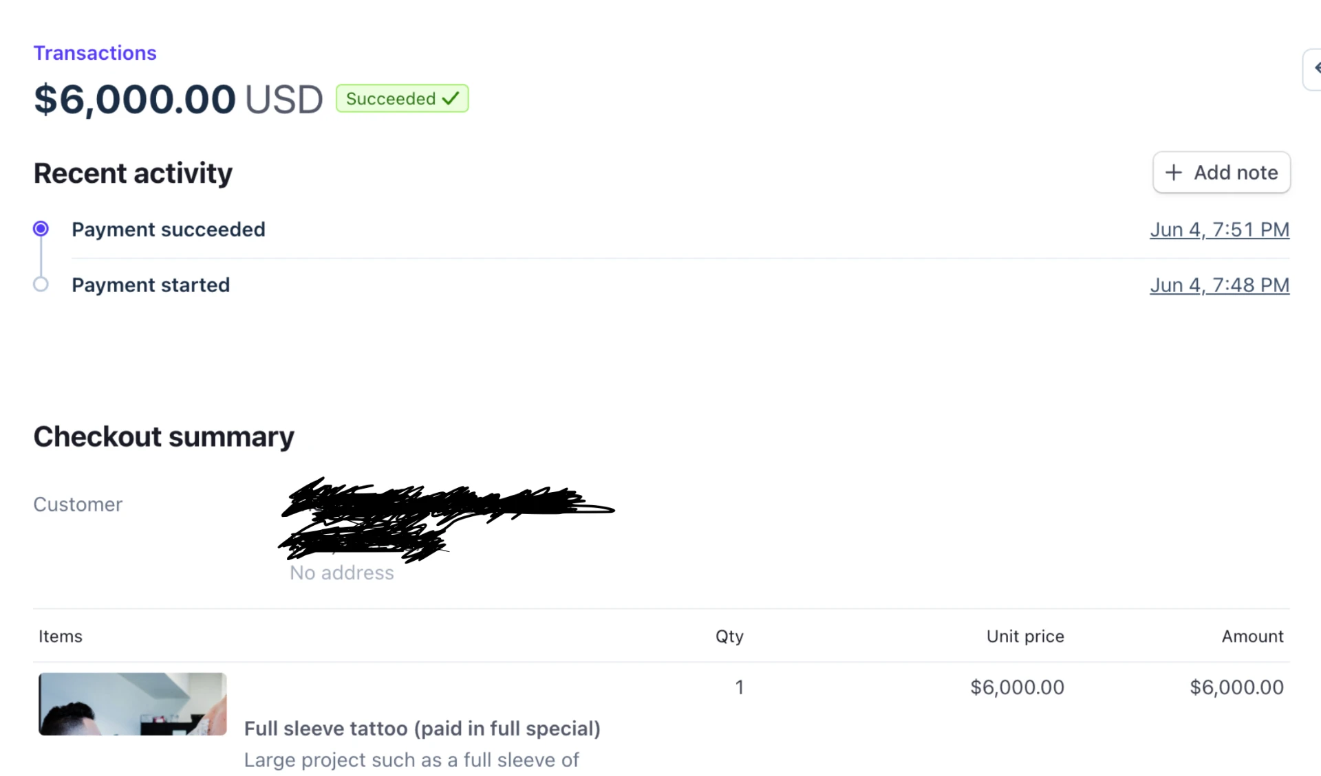 $6,000 Stripe payment succeeded — full sleeve tattoo booked